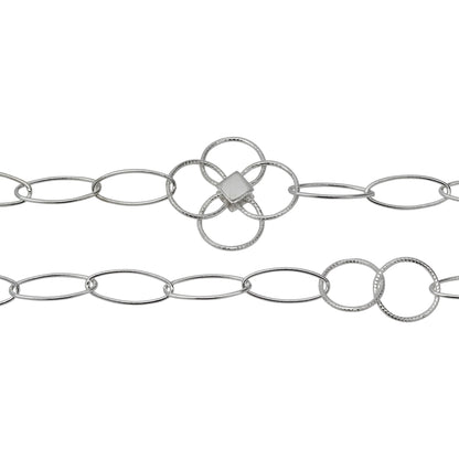 Chain by Foot. Sterling Silver Five 7.0mm Width by 17.0mm Length Paper Clip Links Connected to 25.0mm Width / Length Textured Flower and Two of 12.5mm Textured Circle Links, Fancy Chain. Price per: 1 Foot.
