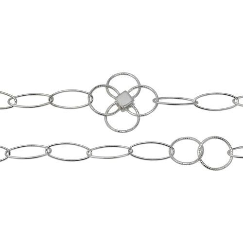 Chain by Foot. Sterling Silver Five 7.0mm Width by 17.0mm Length Paper Clip Links Connected to 25.0mm Width / Length Textured Flower and Two of 12.5mm Textured Circle Links, Fancy Chain. Price per: 1 Foot.