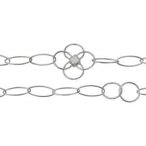 Chain by Foot. Sterling Silver Five 7.0mm Width by 17.0mm Length Paper Clip Links Connected to 25.0mm Width / Length Textured Flower and Two of 12.5mm Textured Circle Links, Fancy Chain. Price per: 1 Foot.