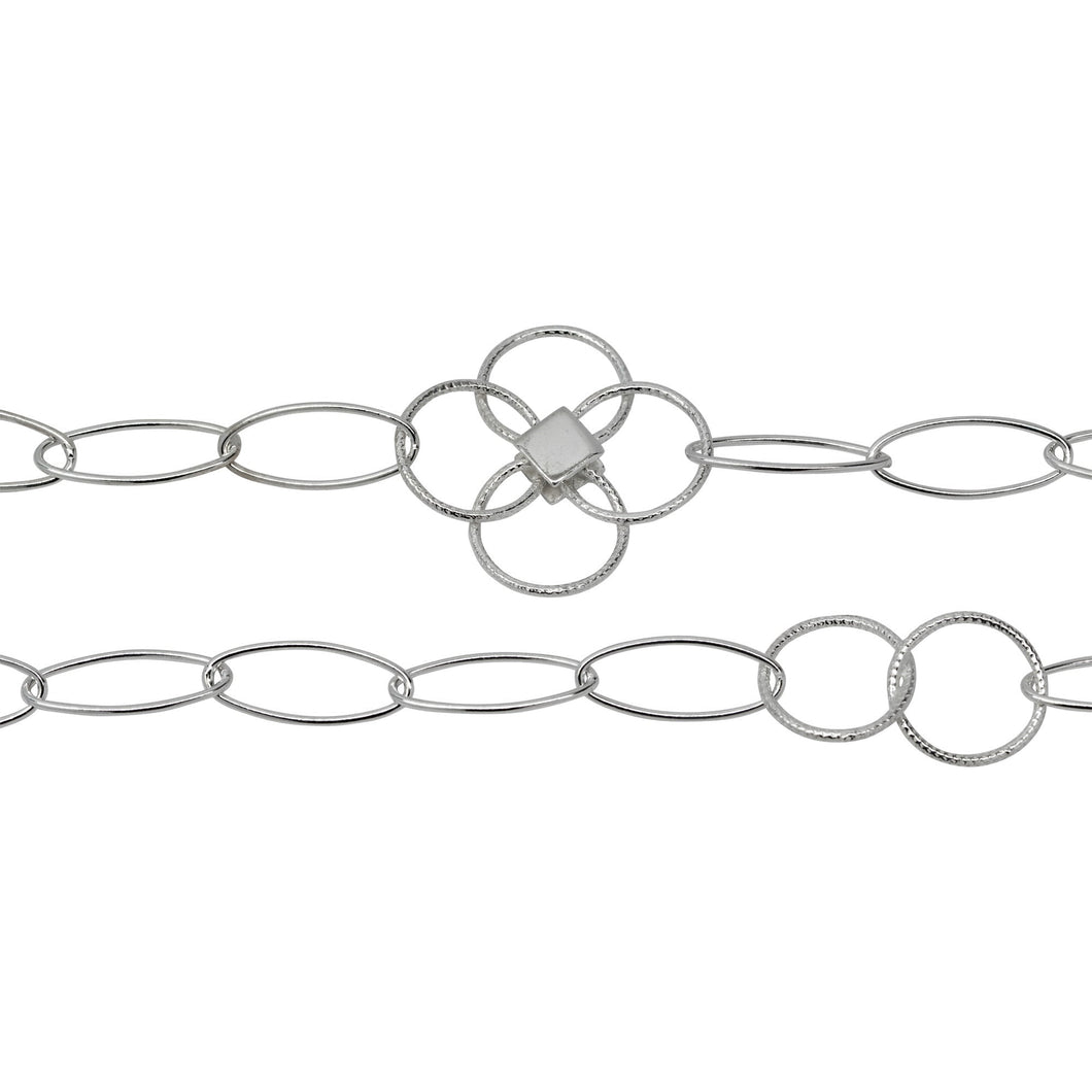 Chain by Foot. Sterling Silver Five 7.0mm Width by 17.0mm Length Paper Clip Links Connected to 25.0mm Width / Length Textured Flower and Two of 12.5mm Textured Circle Links, Fancy Chain. Price per: 1 Foot.
