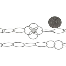 Load image into Gallery viewer, Sterling Silver Five 7.0mm Width by 17.0mm Length Paper Clip Links Connected to 25.0mm Width / Length Textured Flower and Two of 12.5mm Textured Circle Links, Fancy Chain. Price per: 1 Foot.
