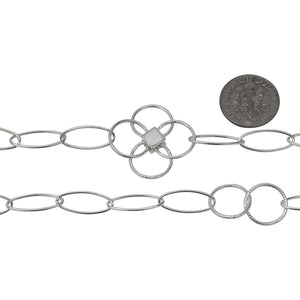 Sterling Silver Five 7.0mm Width by 17.0mm Length Paper Clip Links Connected to 25.0mm Width / Length Textured Flower and Two of 12.5mm Textured Circle Links, Fancy Chain. Price per: 1 Foot.