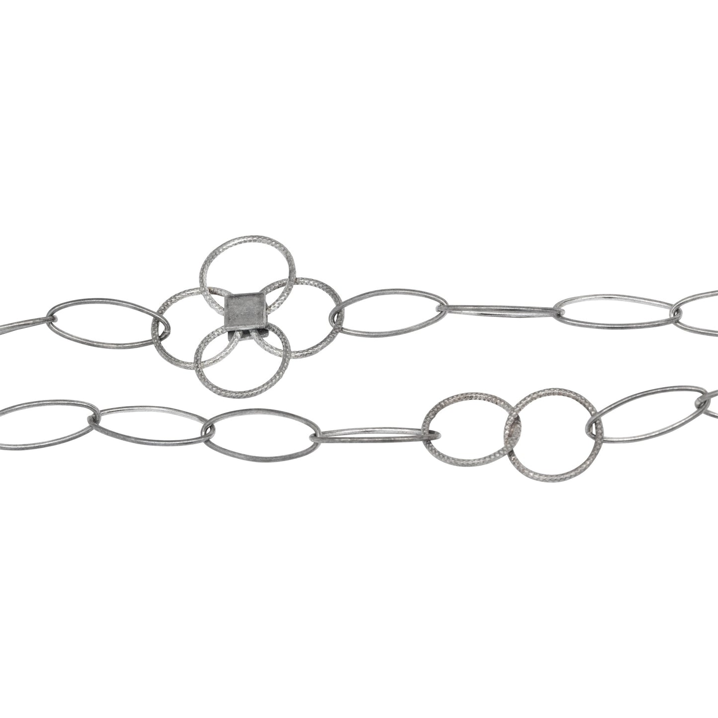 Chain by Foot. Sterling Silver Oxidized Five 7.0mm Width by 17.0mm Length Paper Clip Links Connected to 25.0mm Width / Length Textured Flower and Two of 12.5mm Textured Circle Links, Fancy Chain. Price per: 1 Foot.