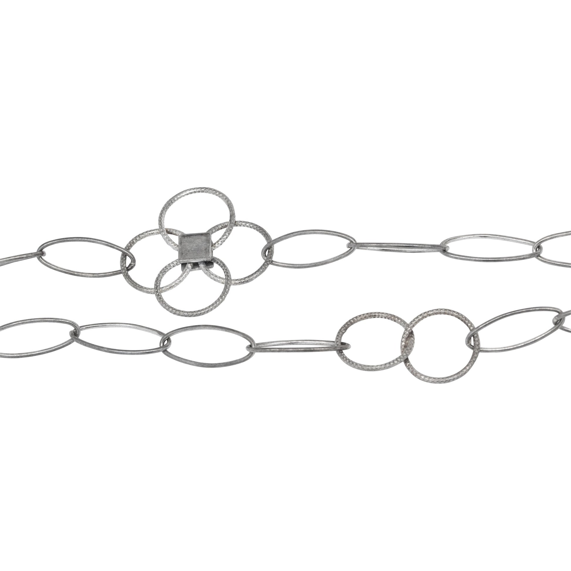 Chain by Foot. Sterling Silver Oxidized Five 7.0mm Width by 17.0mm Length Paper Clip Links Connected to 25.0mm Width / Length Textured Flower and Two of 12.5mm Textured Circle Links, Fancy Chain. Price per: 1 Foot.