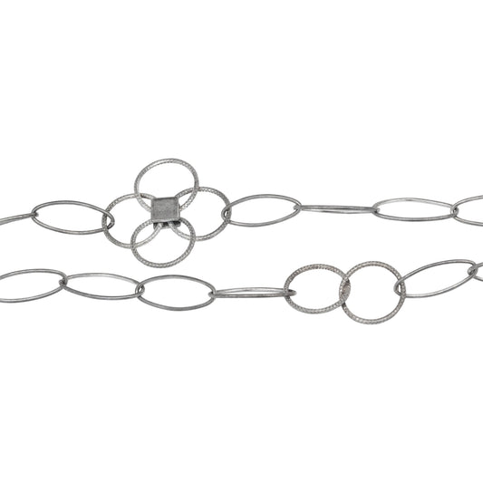 Chain by Foot. Sterling Silver Oxidized Five 7.0mm Width by 17.0mm Length Paper Clip Links Connected to 25.0mm Width / Length Textured Flower and Two of 12.5mm Textured Circle Links, Fancy Chain. Price per: 1 Foot.