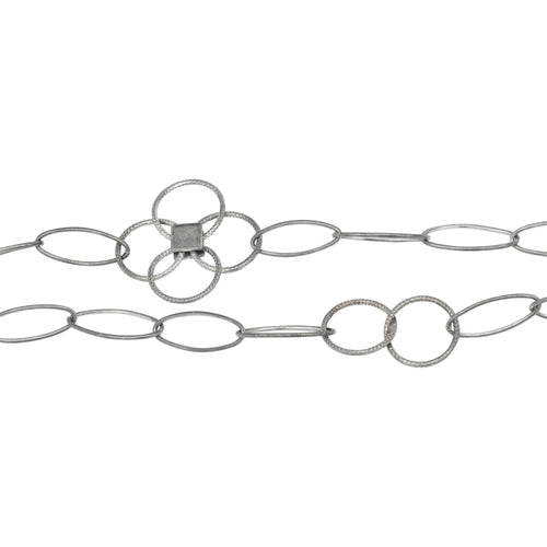 Chain by Foot. Sterling Silver Oxidized Five 7.0mm Width by 17.0mm Length Paper Clip Links Connected to 25.0mm Width / Length Textured Flower and Two of 12.5mm Textured Circle Links, Fancy Chain. Price per: 1 Foot.