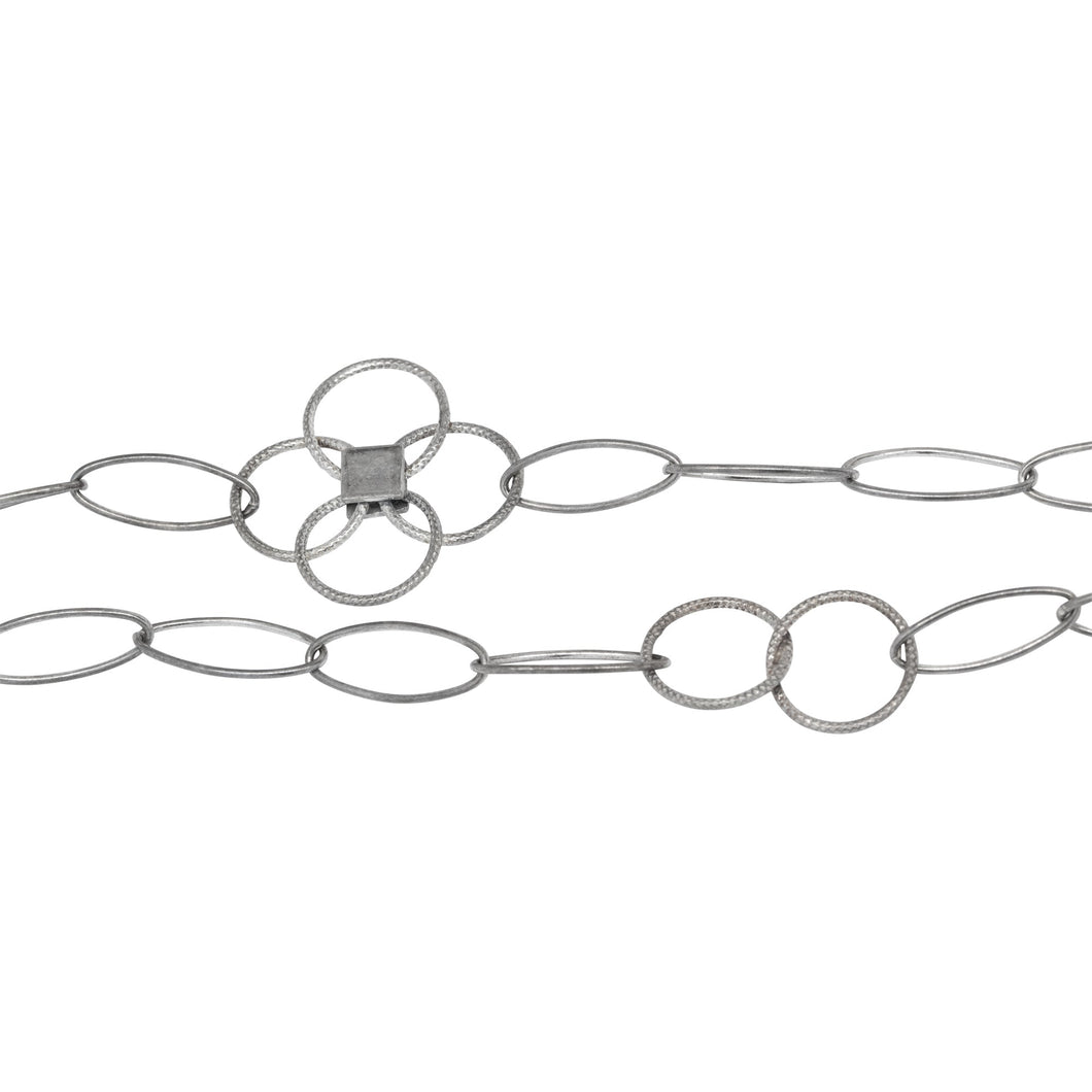 Chain by Foot. Sterling Silver Oxidized Five 7.0mm Width by 17.0mm Length Paper Clip Links Connected to 25.0mm Width / Length Textured Flower and Two of 12.5mm Textured Circle Links, Fancy Chain. Price per: 1 Foot.