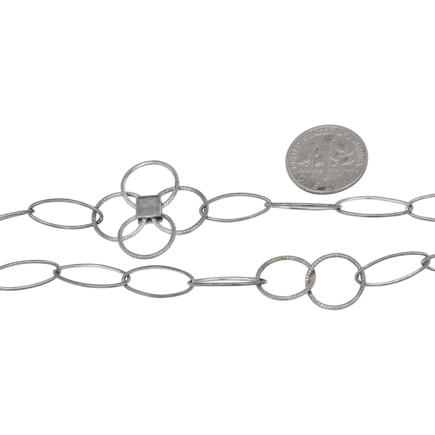 Sterling Silver Oxidized Five 7.0mm Width by 17.0mm Length Paper Clip Links Connected to 25.0mm Width / Length Textured Flower and Two of 12.5mm Textured Circle Links, Fancy Chain. Price per: 1 Foot.