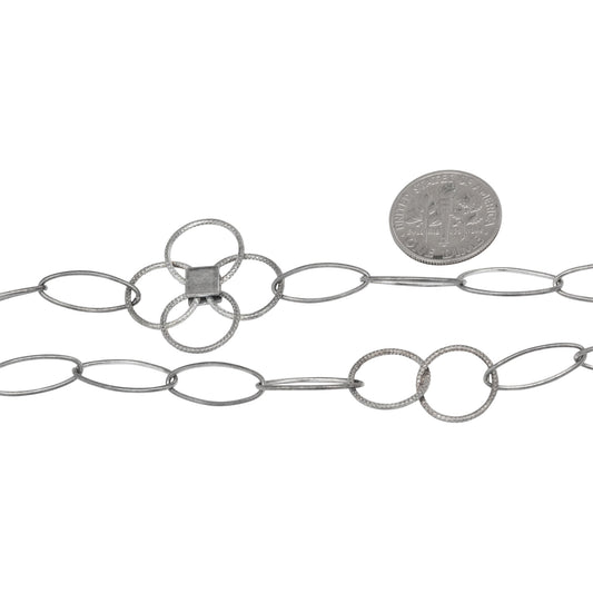 Sterling Silver Oxidized Five 7.0mm Width by 17.0mm Length Paper Clip Links Connected to 25.0mm Width / Length Textured Flower and Two of 12.5mm Textured Circle Links, Fancy Chain. Price per: 1 Foot.