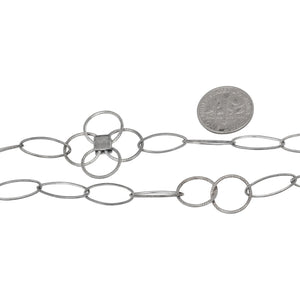 Sterling Silver Oxidized Five 7.0mm Width by 17.0mm Length Paper Clip Links Connected to 25.0mm Width / Length Textured Flower and Two of 12.5mm Textured Circle Links, Fancy Chain. Price per: 1 Foot.