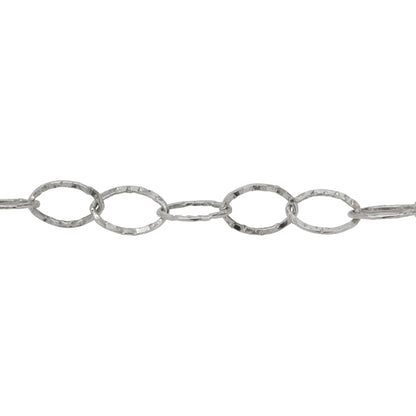 Chain by Foot. Sterling Silver 5.7mm width by 8.0mm length, Flat Hammered Oval Cable Chain. Price per: 1 Foot.