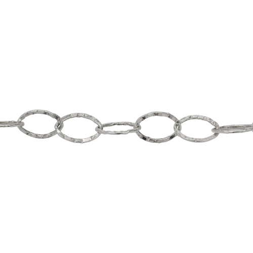 Chain by Foot. Sterling Silver 5.7mm width by 8.0mm length, Flat Hammered Oval Cable Chain. Price per: 1 Foot.