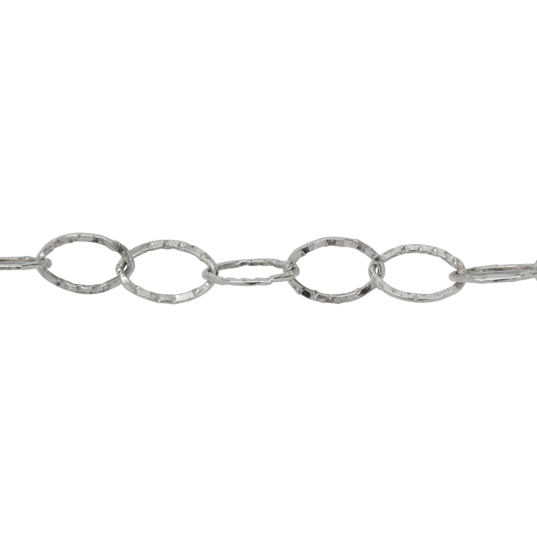 Chain by Foot. Sterling Silver 5.7mm width by 8.0mm length, Flat Hammered Oval Cable Chain. Price per: 1 Foot.