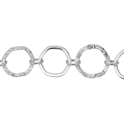 Chain by Foot. Sterling Silver 13.5mm Width / Length Flat and Hammered Hexagon Links Connected to 4.0mm Width by 6.0mm Length Oval Rolo Link, Fancy Chain. Price per: 1 Foot.