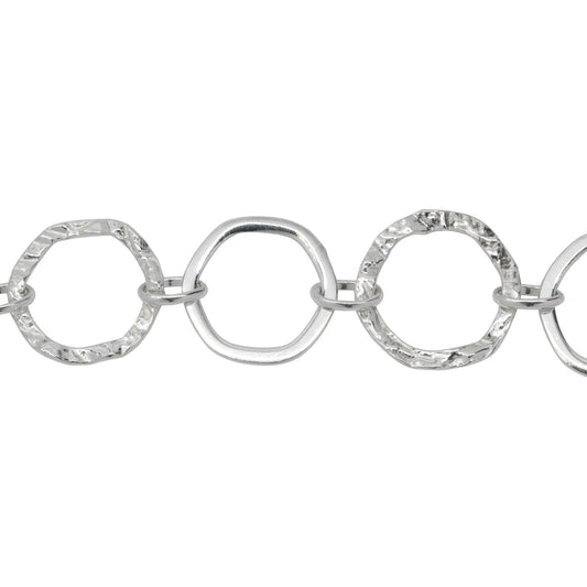 Chain by Foot. Sterling Silver 13.5mm Width / Length Flat and Hammered Hexagon Links Connected to 4.0mm Width by 6.0mm Length Oval Rolo Link, Fancy Chain. Price per: 1 Foot.