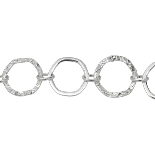Chain by Foot. Sterling Silver 13.5mm Width / Length Flat and Hammered Hexagon Links Connected to 4.0mm Width by 6.0mm Length Oval Rolo Link, Fancy Chain. Price per: 1 Foot.