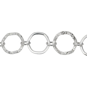 Chain by Foot. Sterling Silver 13.5mm Width / Length Flat and Hammered Hexagon Links Connected to 4.0mm Width by 6.0mm Length Oval Rolo Link, Fancy Chain. Price per: 1 Foot.