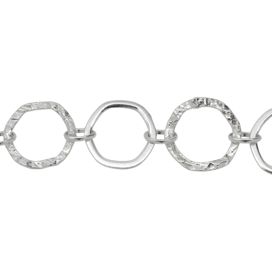 Chain by Foot. Sterling Silver 13.5mm Width / Length Flat and Hammered Hexagon Links Connected to 4.0mm Width by 6.0mm Length Oval Rolo Link, Fancy Chain. Price per: 1 Foot.