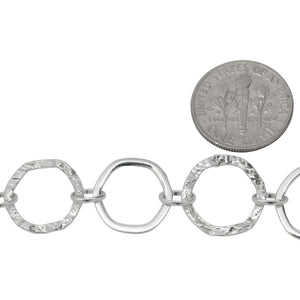 Sterling Silver 13.5mm Width / Length Flat and Hammered Hexagon Links Connected to 4.0mm Width by 6.0mm Length Oval Rolo Link, Fancy Chain. Price per: 1 Foot.