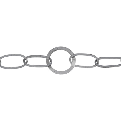 Chain by Foot. Sterling Silver Rhodium Plated Three of 8.2mm by 17.0mm Square Wire Elongated Oval Links Connected to 17.4mm Flat Circle Link, Fancy Chain. Price per: 1 Foot.