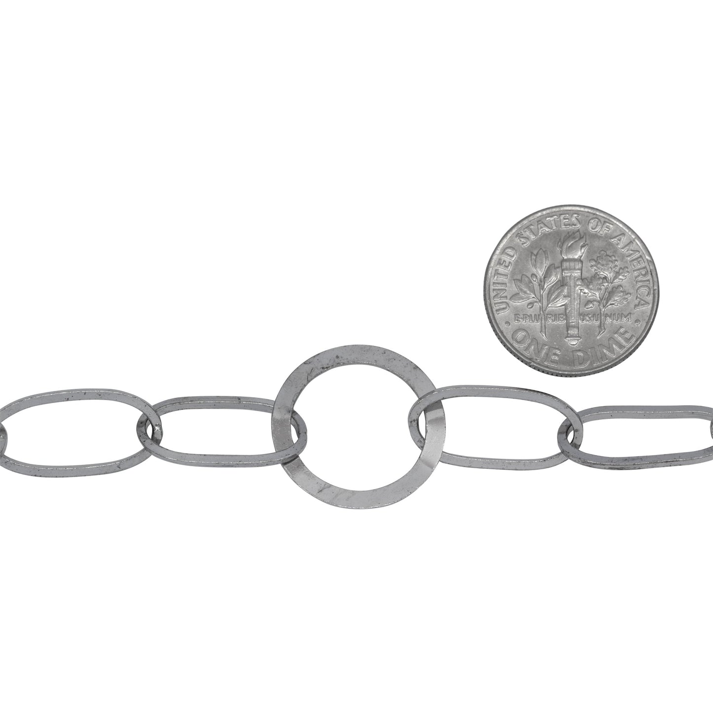 Sterling Silver Rhodium Plated Three of 8.2mm by 17.0mm Square Wire Elongated Oval Links Connected to 17.4mm Flat Circle Link, Fancy Chain. Price per: 1 Foot.