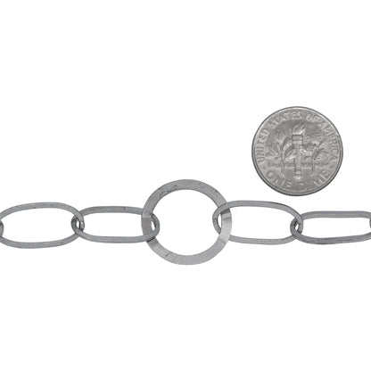 Sterling Silver Rhodium Plated Three of 8.2mm by 17.0mm Square Wire Elongated Oval Links Connected to 17.4mm Flat Circle Link, Fancy Chain. Price per: 1 Foot.
