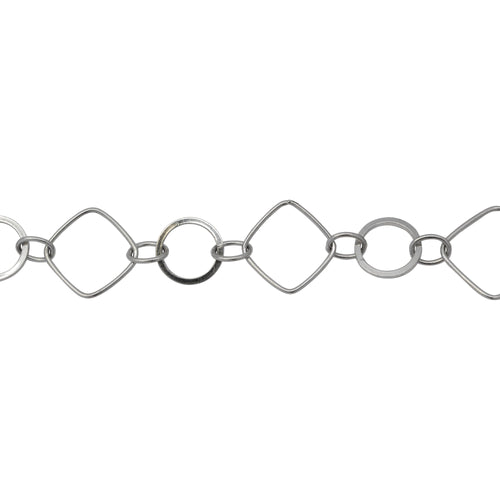 Chain by Foot. Sterling Silver Rhodium Plated 14.2mm Square Link and 10.0mm Circle Link Connected to 5.0mm by 6.0mm Oval Link, Fancy Chain. Price per: 1 Foot.