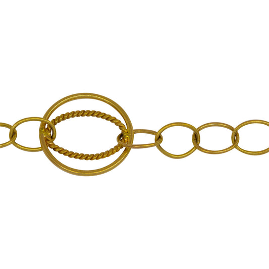 Chain by Foot. 14kt Gold Filled 5.5mm Width by 8.0mm Length Smooth Oval Link Cable Chain with 16.0mm Width / Length Evil Eye Circle Link and 9.0mm Width by 14.0mm Length Twisted Oval soldered inside the Circle, Fancy Chain. Price per: 1 Foot.