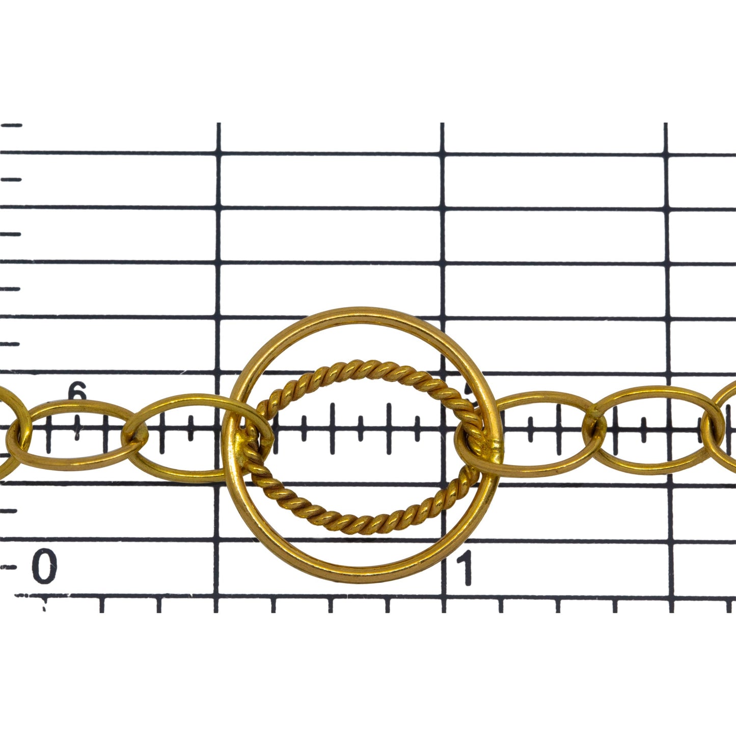 14kt Gold Filled 5.5mm Width by 8.0mm Length Smooth Oval Link Cable Chain with 16.0mm Width / Length Evil Eye Circle Link and 9.0mm Width by 14.0mm Length Twisted Oval soldered inside the Circle, Fancy Chain. Price per: 1 Foot.
