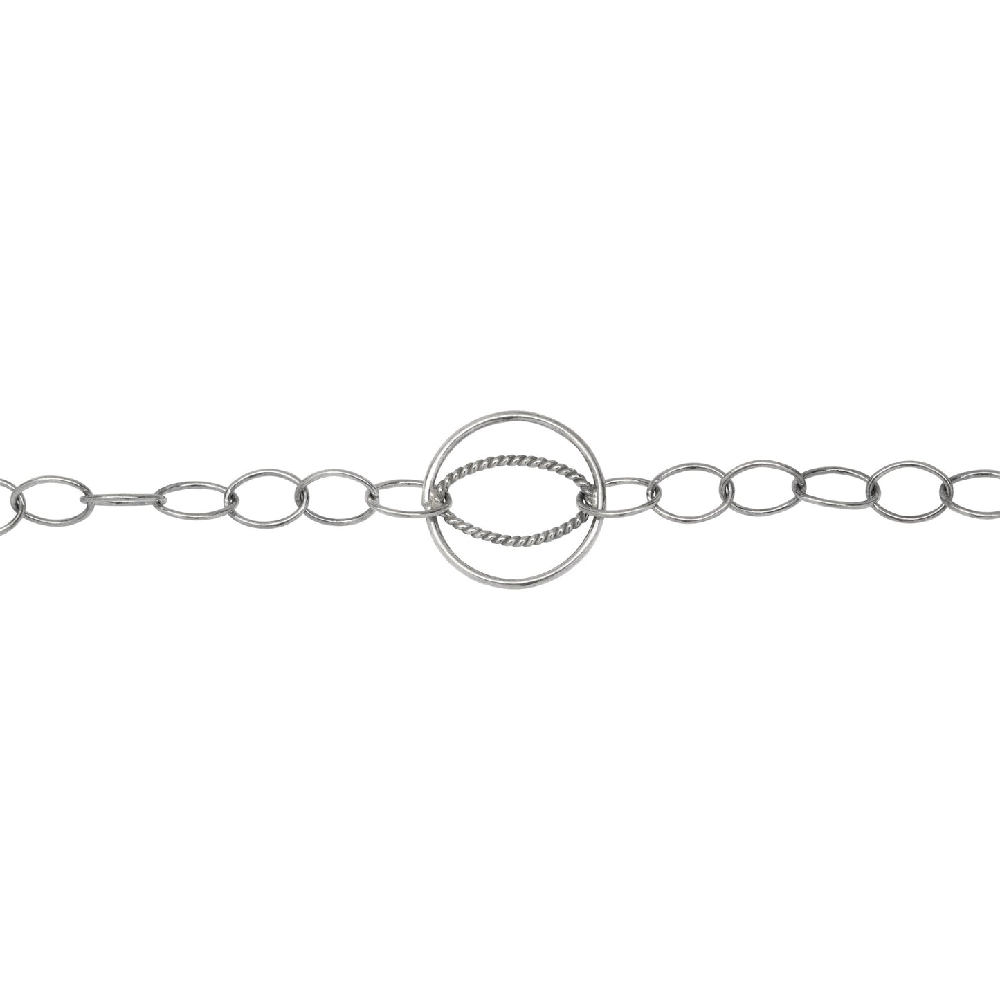 Chain by Foot. Sterling Silver Oxidized 5.5mm Width by 8.0mm Length Smooth Cable Chain With 16.0mm Width / Length Evil Eye Circle Link and 9.0mm Width by 14.0mm Length Twisted Oval Link Soldered Inside The Evil Eye Circle Link, Fancy Chain. Price per: 1 Foot.