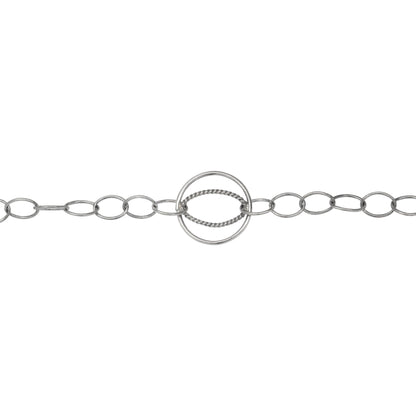 Chain by Foot. Sterling Silver Oxidized 5.5mm Width by 8.0mm Length Smooth Cable Chain With 16.0mm Width / Length Evil Eye Circle Link and 9.0mm Width by 14.0mm Length Twisted Oval Link Soldered Inside The Evil Eye Circle Link, Fancy Chain. Price per: 1 Foot.