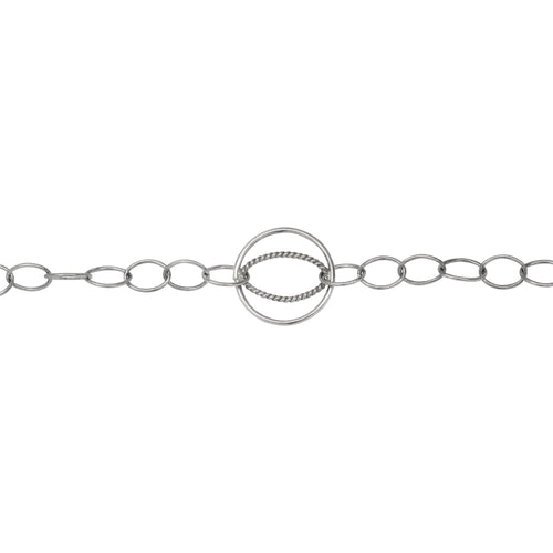Chain by Foot. Sterling Silver Oxidized 5.5mm Width by 8.0mm Length Smooth Cable Chain With 16.0mm Width / Length Evil Eye Circle Link and 9.0mm Width by 14.0mm Length Twisted Oval Link Soldered Inside The Evil Eye Circle Link, Fancy Chain. Price per: 1 Foot.