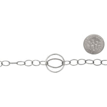 Load image into Gallery viewer, Sterling Silver Oxidized 5.5mm Width by 8.0mm Length Smooth Cable Chain With 16.0mm Width / Length Evil Eye Circle Link and 9.0mm Width by 14.0mm Length Twisted Oval Link Soldered Inside The Evil Eye Circle Link, Fancy Chain. Price per: 1 Foot.
