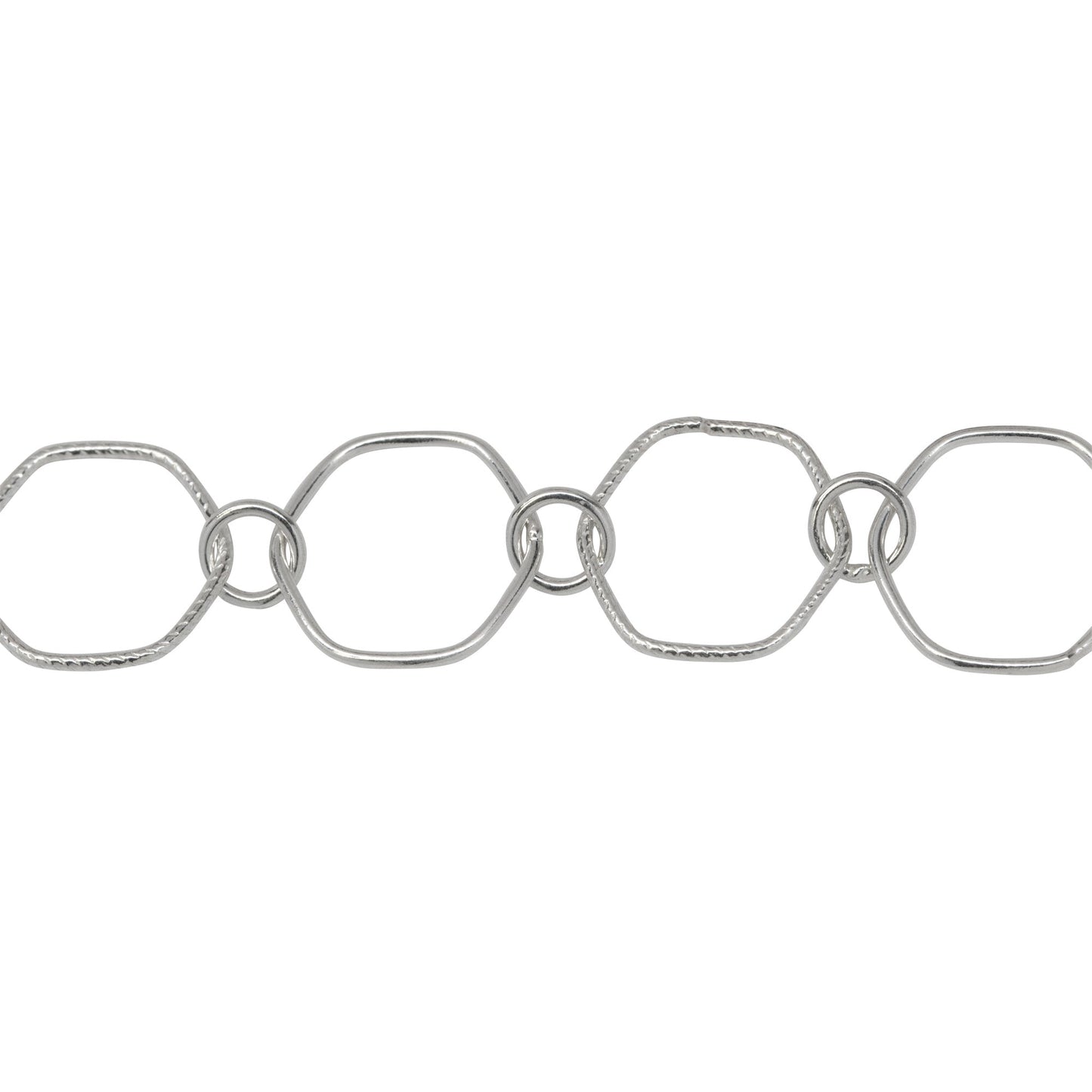 Chain by Foot. Sterling Silver 12.5mm Smooth and Textured Hexagon Links Connected to 5.0mm Circle Link, Fancy Chain. Price per: 1 Inch.