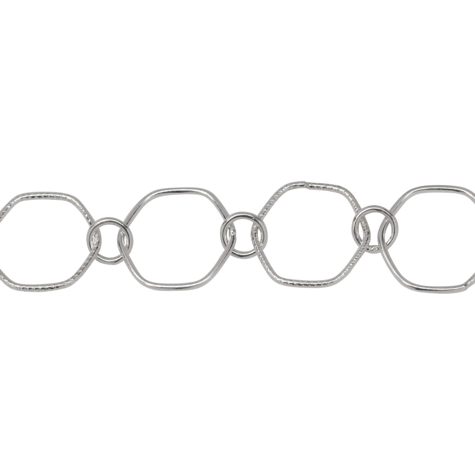 Chain by Foot. Sterling Silver 12.5mm Smooth and Textured Hexagon Links Connected to 5.0mm Circle Link, Fancy Chain. Price per: 1 Inch.
