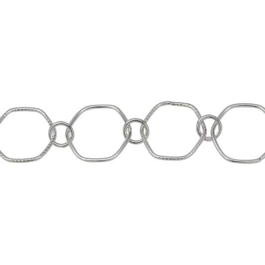 Chain by Foot. Sterling Silver 12.5mm Smooth and Textured Hexagon Links Connected to 5.0mm Circle Link, Fancy Chain. Price per: 1 Inch.