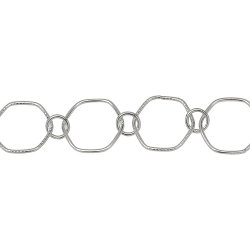 Chain by Foot. Sterling Silver 12.5mm Smooth and Textured Hexagon Links Connected to 5.0mm Circle Link, Fancy Chain. Price per: 1 Inch.