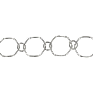 Chain by Foot. Sterling Silver 12.5mm Smooth and Textured Hexagon Links Connected to 5.0mm Circle Link, Fancy Chain. Price per: 1 Inch.