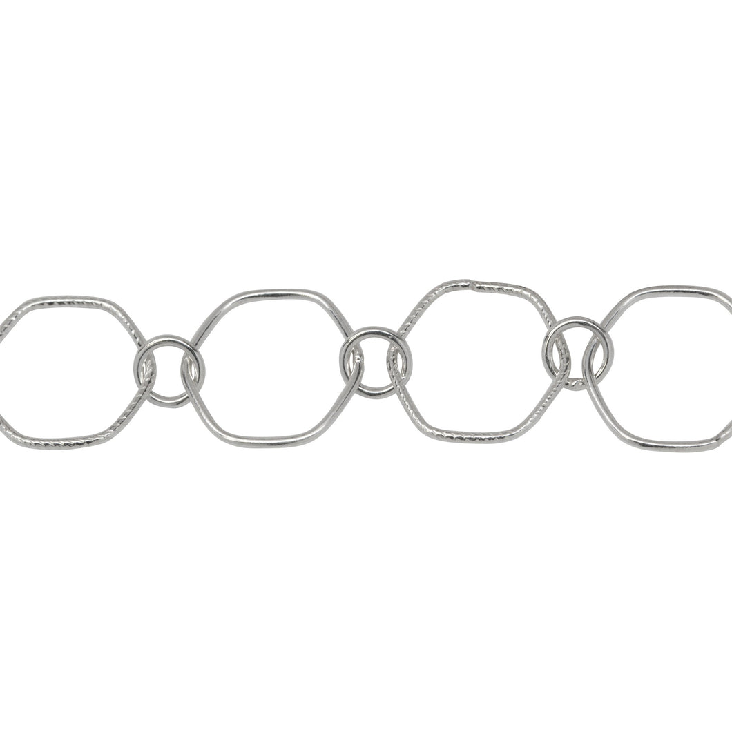 Chain by Foot. Sterling Silver 12.5mm Smooth and Textured Hexagon Links Connected to 5.0mm Circle Link, Fancy Chain. Price per: 1 Inch.