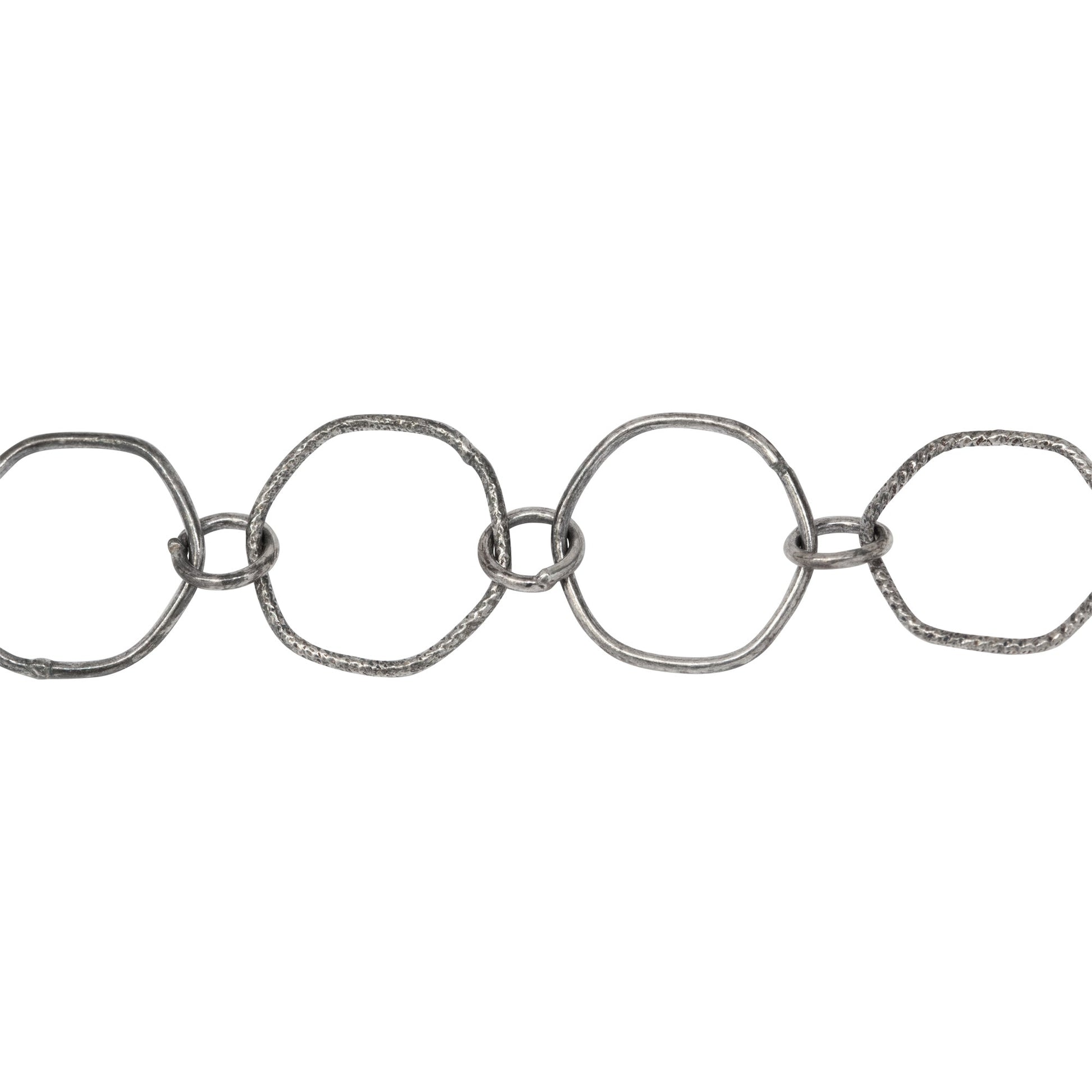 Chain by Foot. Sterling Silver Oxidized 12.5mm Smooth and Textured Hexagon Links Connected to 5.0mm Circle Link, Fancy Chain. Price per: 1 Inch.
