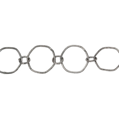 Chain by Foot. Sterling Silver Oxidized 12.5mm Smooth and Textured Hexagon Links Connected to 5.0mm Circle Link, Fancy Chain. Price per: 1 Inch.