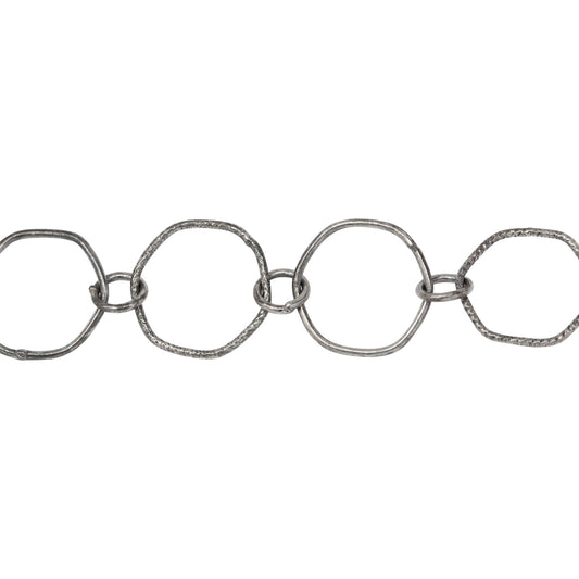 Chain by Foot. Sterling Silver Oxidized 12.5mm Smooth and Textured Hexagon Links Connected to 5.0mm Circle Link, Fancy Chain. Price per: 1 Inch.