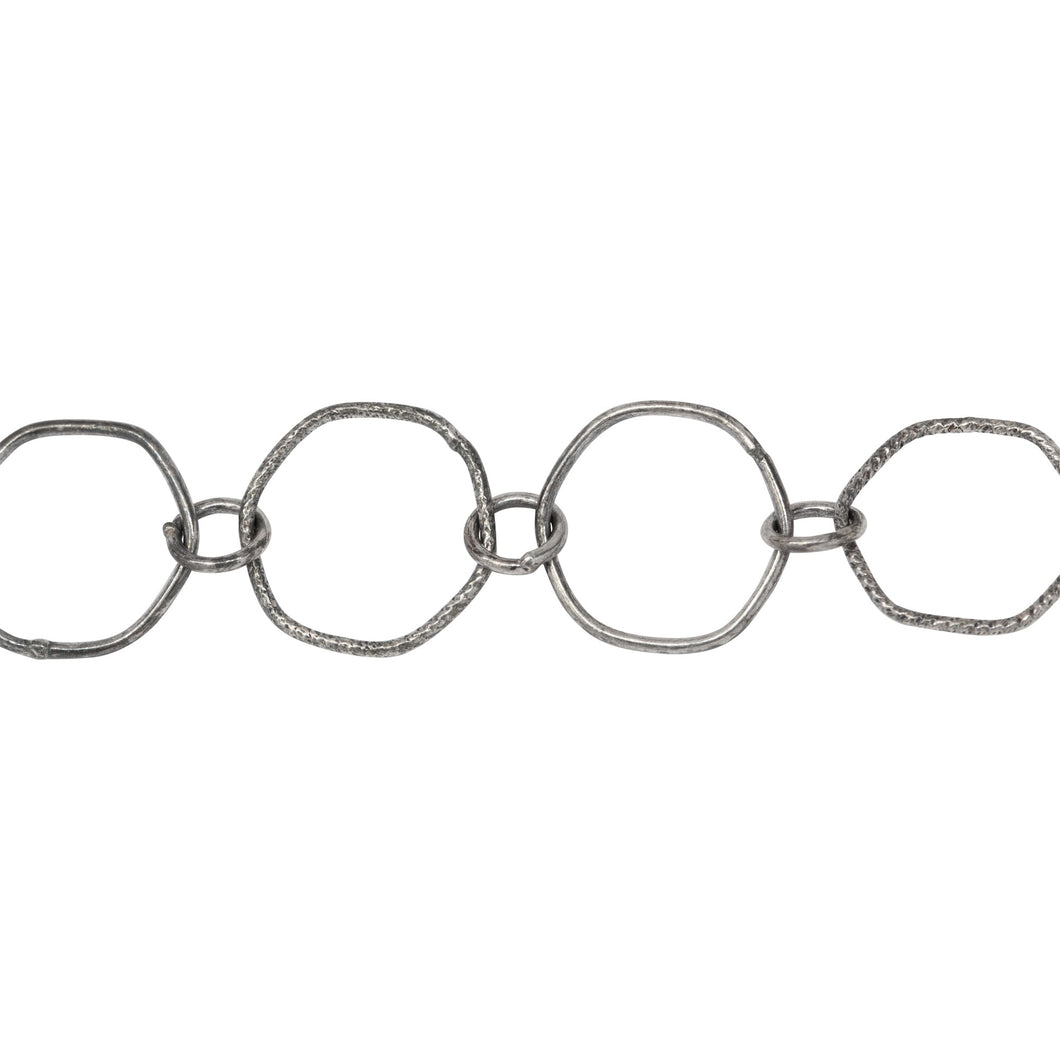 Chain by Foot. Sterling Silver Oxidized 12.5mm Smooth and Textured Hexagon Links Connected to 5.0mm Circle Link, Fancy Chain. Price per: 1 Inch.