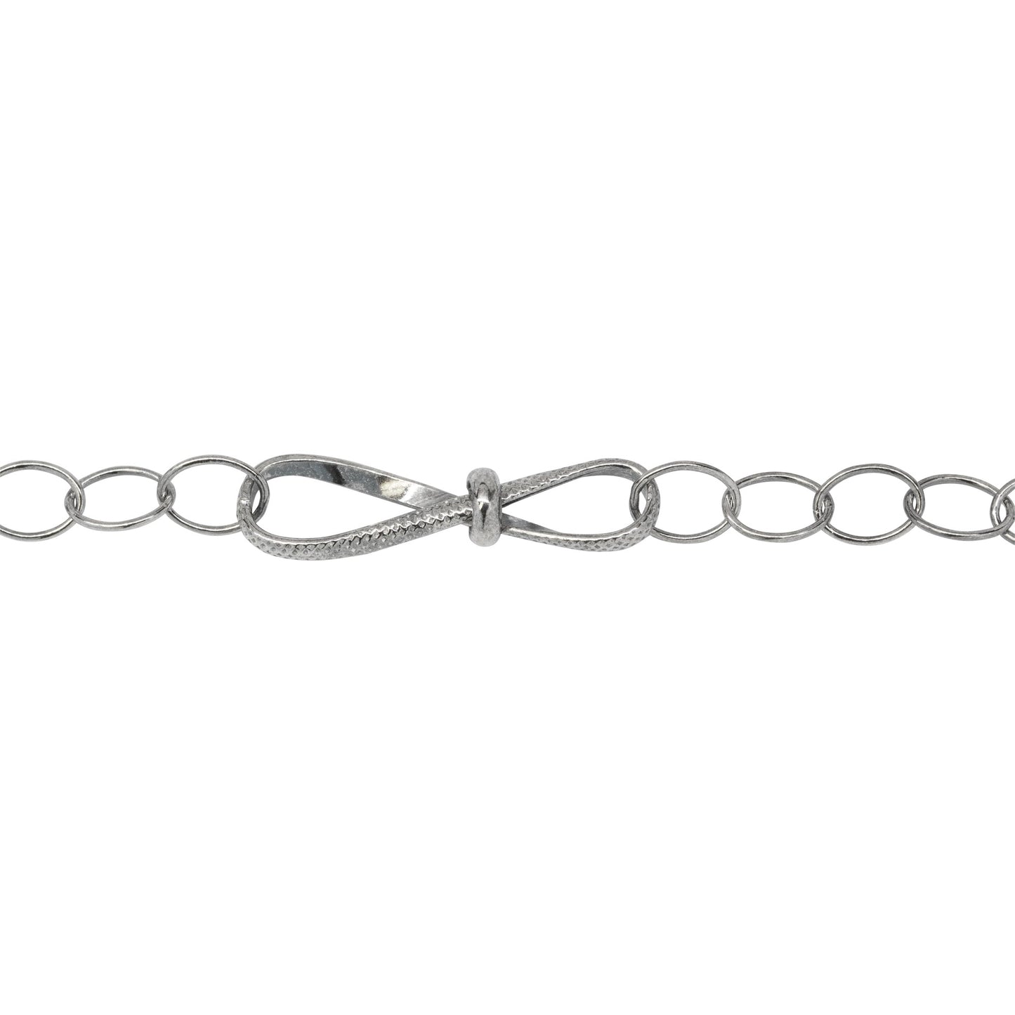 Chain by Foot. Sterling Silver Oxidized Fifteen of 5.4mm Width by 7.8mm Length Smooth Oval Links of Cable Chain Followed by 7.6mm by 29.2mm Textured Figure 8 Link, Fancy Chain. Price per: 1 Foot.