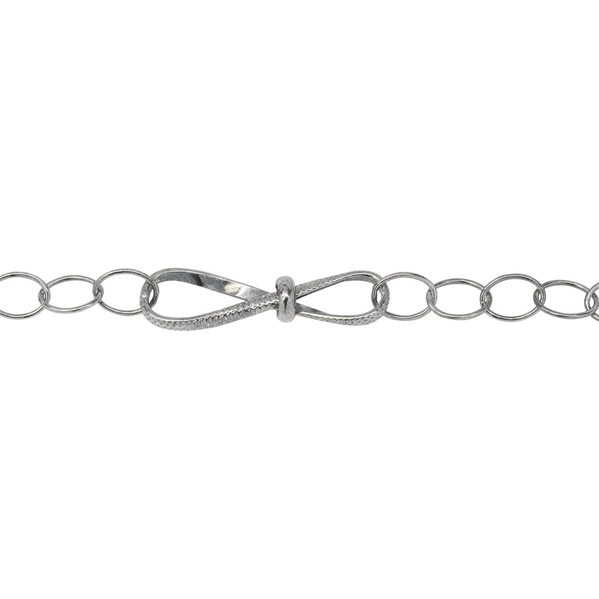 Chain by Foot. Sterling Silver Oxidized Fifteen of 5.4mm Width by 7.8mm Length Smooth Oval Links of Cable Chain Followed by 7.6mm by 29.2mm Textured Figure 8 Link, Fancy Chain. Price per: 1 Foot.