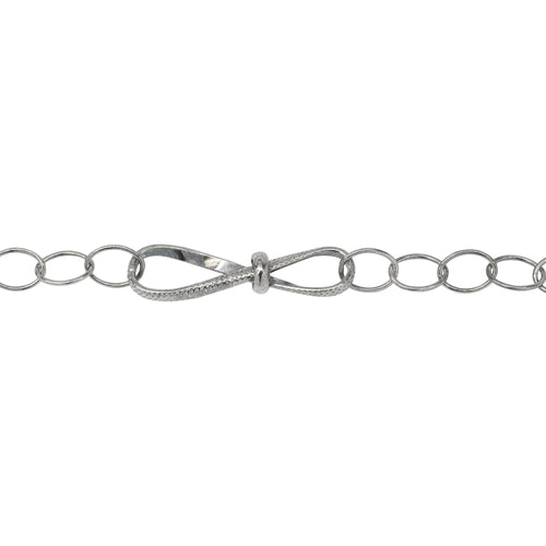 Chain by Foot. Sterling Silver Oxidized Fifteen of 5.4mm Width by 7.8mm Length Smooth Oval Links of Cable Chain Followed by 7.6mm by 29.2mm Textured Figure 8 Link, Fancy Chain. Price per: 1 Foot.