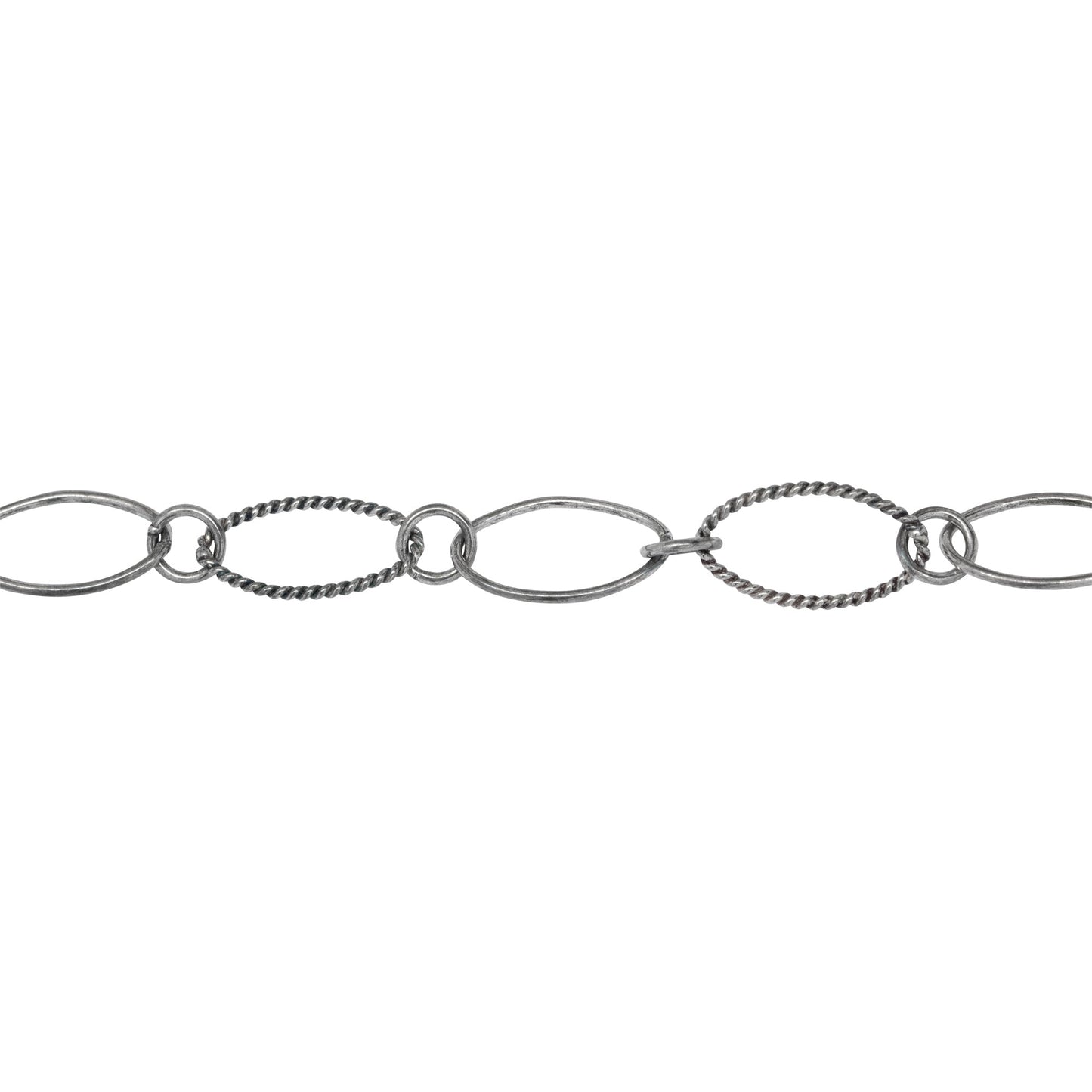 Chain by Foot. Sterling Silver Oxidized 8.1mm Width by 14.2mm Length Smooth and Twisted Oval Links Connected to 5.1mm Open Ring, Long and Short Chain. Price per: 1 Foot.