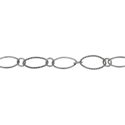 Chain by Foot. Sterling Silver Oxidized 8.1mm Width by 14.2mm Length Smooth and Twisted Oval Links Connected to 5.1mm Open Ring, Long and Short Chain. Price per: 1 Foot.