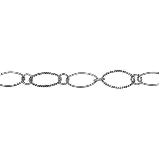 Chain by Foot. Sterling Silver Oxidized 8.1mm Width by 14.2mm Length Smooth and Twisted Oval Links Connected to 5.1mm Open Ring, Long and Short Chain. Price per: 1 Foot.