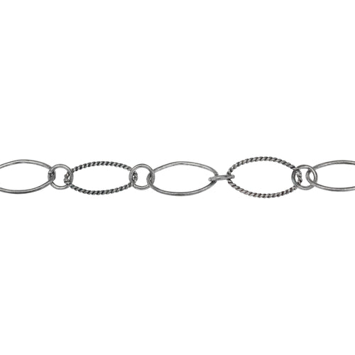 Chain by Foot. Sterling Silver Oxidized 8.1mm Width by 14.2mm Length Smooth and Twisted Oval Links Connected to 5.1mm Open Ring, Long and Short Chain. Price per: 1 Foot.